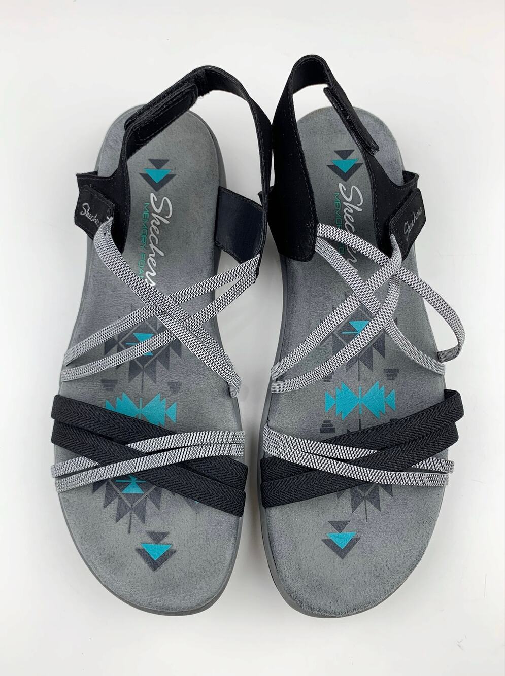 Skechers Sandals Strappy Comfort Grey Black Memory Foam Women's 10
